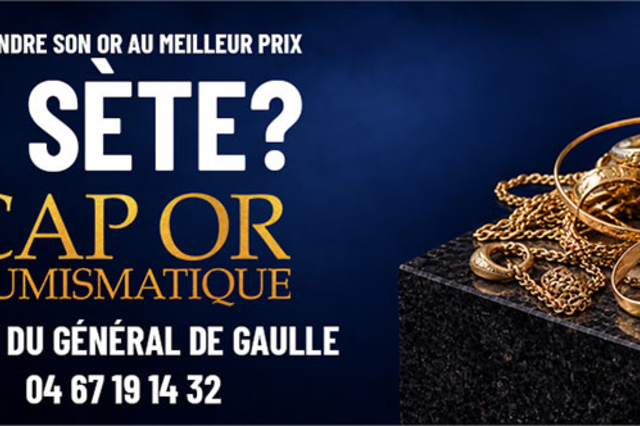 Cap Or Numismatique Sète : visuel présentant des bagues, chaînes et bijoux en or pour une estimation gratuite au 19 rue du Général de Gaulle.